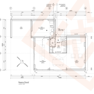 Gedetailleerde architectonische blauwdruk van de begane grond van een modern huis, met een open keuken, eetkamer en woonkamer. De plattegrond bevat afmetingen en kameraanduidingen in het Nederlands, die een ruime indeling met een trap naar boven aangeven. "Begane Grond" is duidelijk aangegeven.