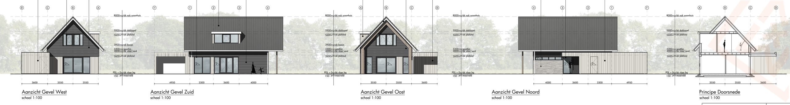 Architectonische geveltekeningen tonen vier verschillende moderne huisontwerpen, met A-vormige daken en strakke grijze gevelbekleding. De tekeningen tonen west-, zuid-, oost- en noordgevels, samen met een dwarsdoorsnede met gedetailleerde afmetingen en ontwerpspecificaties.