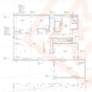 Gedetailleerde architectonische blauwdruk van de plattegrond van een moderne woning, met verschillende kamers, waaronder een keuken, slaapkamers en badkamers. Afmetingen en kameraanduidingen zijn duidelijk aangegeven in het ontwerp.