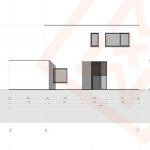 Architectonische tekening van een moderne woning met een strak, minimalistisch ontwerp. De plattegrond toont een gebouw met twee verdiepingen, grote ramen en een strakke, donkere entree. De afmetingen staan duidelijk aangegeven op de tekening.
