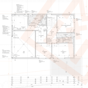 Gedetailleerde architectonische blauwdruk van een moderne woningplattegrond, met meerdere slaapkamers, badkamers en woonruimtes. Afmetingen en kameraanduidingen zijn duidelijk aangegeven. De plattegrond omvat een grote open ruimte en een ruim terras.
