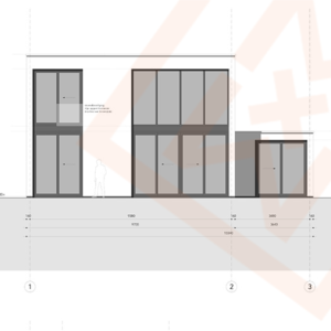 Architectonische tekening van een moderne woning met ramen van vloer tot plafond, een minimalistisch ontwerp en strakke lijnen. De plattegrond toont afmetingen en details van de gevel.