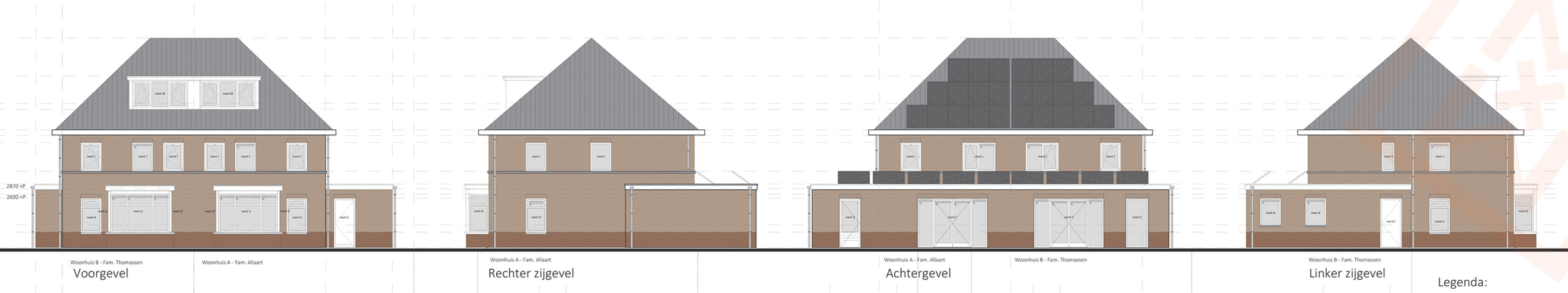 Architectonische hoogtetekeningen tonen vier varianten van een huisontwerp, met verschillende daklijnen en zonnepaneleninstallaties. Op de tekeningen staan labels met de aanduiding 'Voorgevel', 'Rechter zijgevel', 'Achtergevel' en 'Linker zijgevel'.