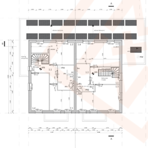 Gedetailleerde architectonische plattegrond met de indeling van een huis met twee verdiepingen, inclusief kamers met de labels "rm" en "mv", trappenhuizen en buitenafmetingen. De plattegrond bevat genummerde kameraanduidingen en afmetingen, wat duidt op een duidelijk ontwerp.