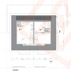 Architectonische plattegrond van bovenaf van een Zolder, met de indeling van twee zolderruimtes, Woonhuis A en Woonhuis B, met kamernummers, afmetingen en details van trappen en ingebouwde voorzieningen.