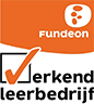 Fundeon-logo met tekst "Erkend leerbedrijf". Door Van Weenen Bouwbedrijf
