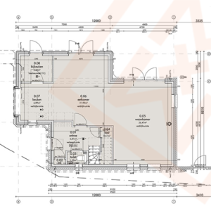 Gedetailleerde architectonische blauwdruk van de plattegrond van een gelijkvloers huis, met een woonkamer, keuken, badkamer en andere kamers, met afmetingen en labels in het Nederlands. De plattegrond bevat maten in centimeters.