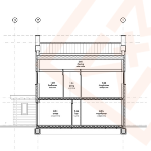 Dwarsdoorsnede van een architectonische tekening van een huis met twee verdiepingen, met de indeling en afmetingen van de binnenruimtes, inclusief een slaapkamer, badkamer, hal en woonkamer. De afmetingen in meters zijn voor elke kamer aangegeven. Op de bovenverdieping bevindt zich een vide.