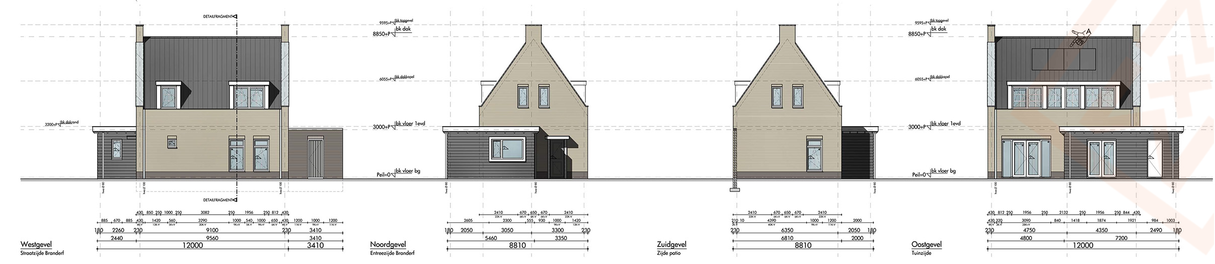 Gedetailleerde architectuurtekeningen tonen vier gevels van een modern huisontwerp, met de west-, noord-, zuid- en oostgevels. Afmetingen en specificaties zijn inbegrepen.