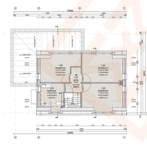 Gedetailleerde architectonische blauwdruk van een huis met twee verdiepingen, met een bovenaanzicht van de plattegrond. De kameraanduidingen (slaapkamer, badkamer, gang) en afmetingen zijn duidelijk aangegeven. Het ontwerp omvat een trap en een plat dak.