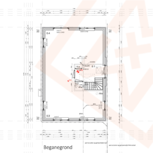 Gedetailleerde architectonische blauwdruk van een woning op de begane grond ("Beganegrond"), met de afmetingen van de kamers, de plaatsing van de ramen en een trap. De plattegrond bevat gemarkeerde oppervlaktes (0,1, 0,2, 0,3, 0,4) en afmetingen in millimeters.