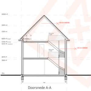 Doorsnedediagram (Doorsnede A-A) van een huis met twee verdiepingen, met details over de trap, de dakconstructie en de minimale brandwerendheid van 30 minuten (WBDBO). Afmetingen en materiaalspecificaties zijn inbegrepen.