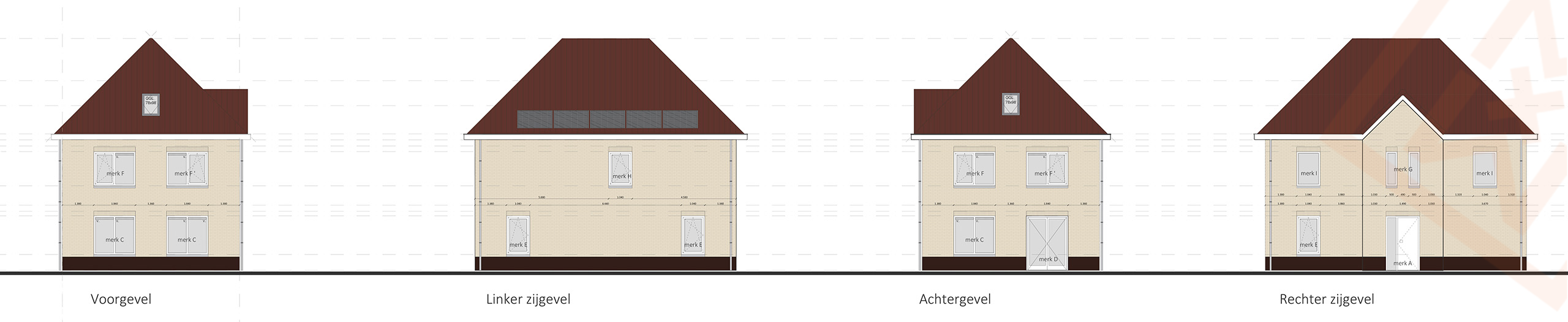 Architectonische tekeningen tonen vier variaties van een huisontwerp, bekeken vanaf de voor-, linker-, achter- en rechterkant. Elke geveltekening toont details zoals de dakstijl, de plaatsing van de ramen (merk A, C, D, F, G, I) en de locatie van de deuren.