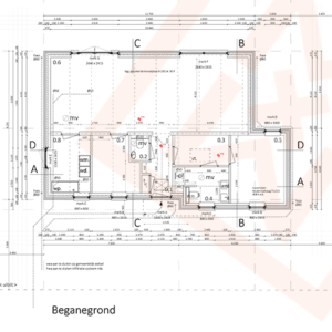 Gedetailleerde plattegrond van de begane grond van een huis, aangeduid met "Beganegrond", met verschillende kamers, waaronder een keuken ("wm", "wd"), badkamers ("mv") en slaapkamers. Afmetingen en kamergroottes zijn duidelijk aangegeven.