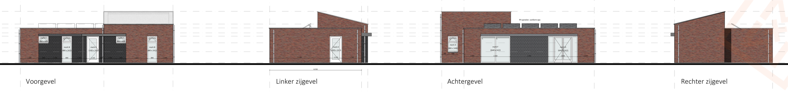 Bouwkundige tekeningen met vier gevels van een bakstenen gebouw: voor-, linker-, achter- en rechtergevel. Elke gevel toont de afmetingen en plaatsing van deuren en ramen. Het gebouw oogt modern en functioneel.