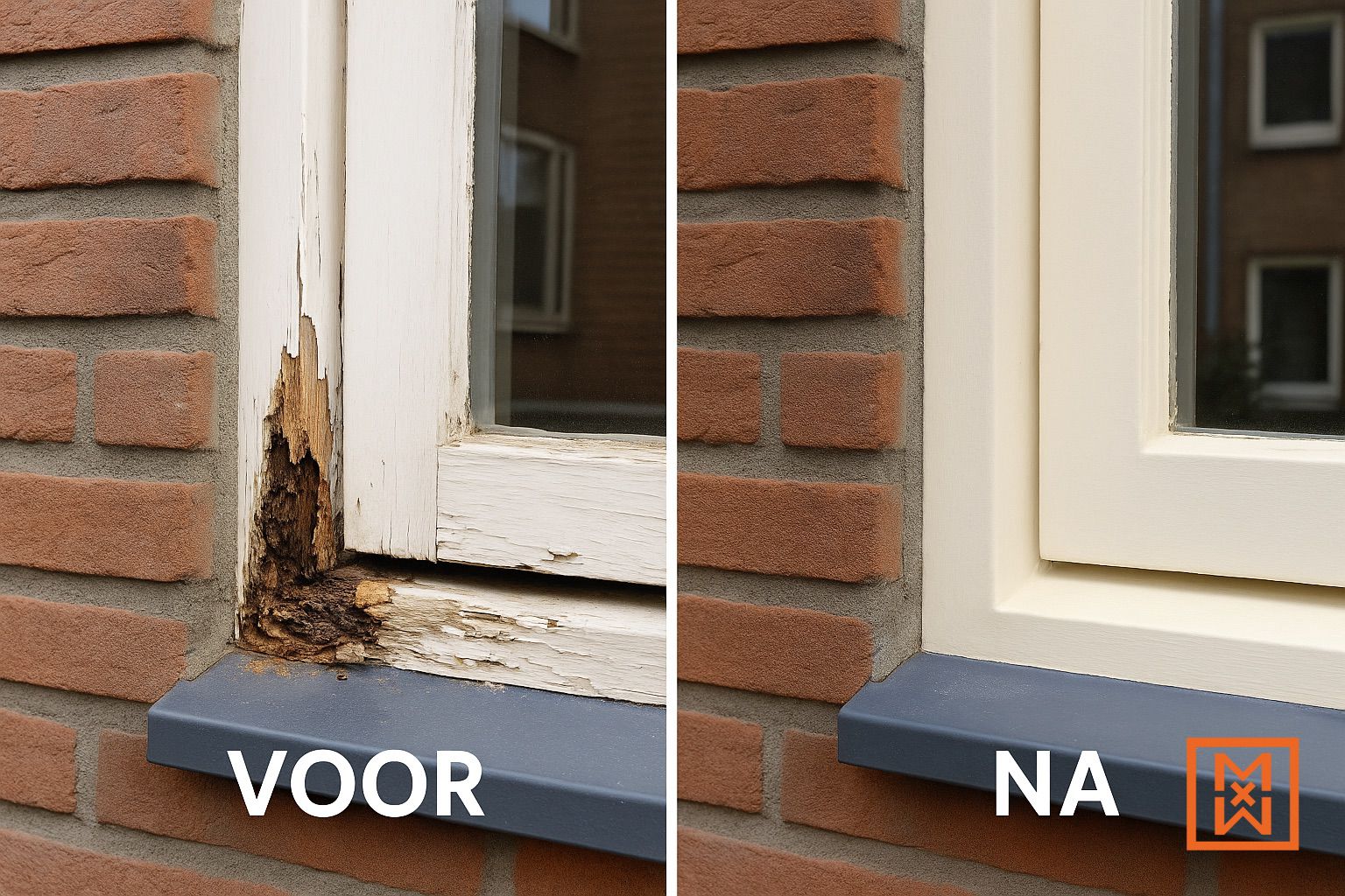 Voor & na: ernstig verrotte hoek van raamkozijn gerepareerd en opnieuw geschilderd. De 'voor'-foto toont uitgebreid houtrot; de 'na'-foto toont een professionele restauratie. Het raam is geplaatst in een bakstenen muur.
