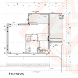 Gedetailleerde architectonische blauwdruk van de begane grond van een huis ('Beganegrond'), met de afmetingen van de kamers, inclusief een trap, een terras ('uitbouw vergunningsvrij') en erfgrenzen ('perceelsgrenzen'). Belangrijke kenmerken zoals een badkamer (0,2 m²) en bergruimtes zijn duidelijk aangegeven.