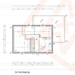 Plattegrond van een appartement op de eerste verdieping, met de kamers 1.1, 1.2, 1.3, 1.4 en 1.5, een trap en een badkamer. De plattegrond bevat afmetingen en aantekeningen over de dakhelling. De tekst "1e Verdieping" geeft de vloerhoogte aan.
