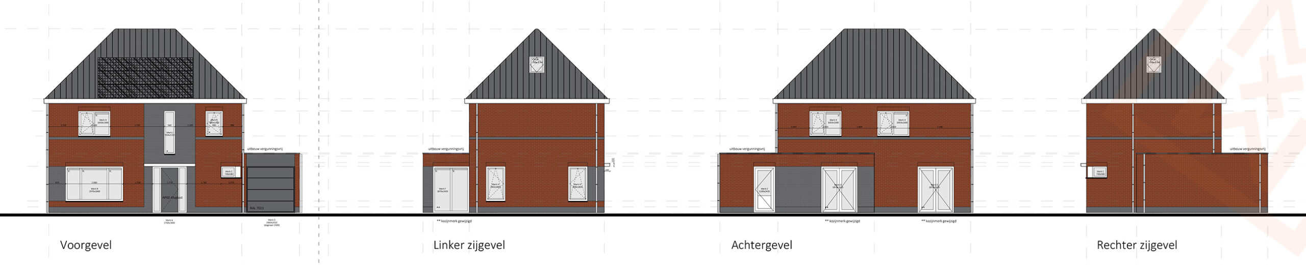 Architectonische tekeningen van een modern huis met de voor-, linker-, achter- en rechtergevel. Het bakstenen huis heeft een grijs dak en bevat details zoals de afmetingen van de ramen en de afmetingen van de garage. De plattegronden illustreren het ontwerp van het huis vanuit alle hoeken.