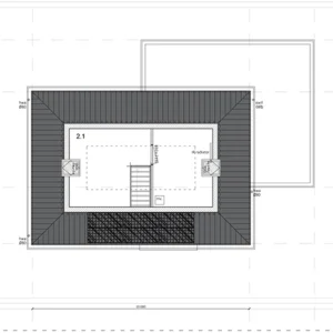 Bovenaanzicht van een plattegrond van een zolder met schuin dak, met twee kamers, een trap en dakventilatie. Kamer 2.1 is gemarkeerd, samen met een radiator en andere details. De plattegrond bevat afmetingen.