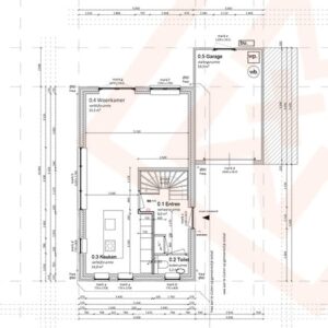 Gedetailleerde architectonische plattegrond met de indeling van een moderne woning, inclusief garage, woonkamer (21,5 m²), keuken (14,9 m²), entree en toilet. Afmetingen en kameraanduidingen zijn duidelijk aangegeven.