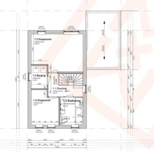 Architectonische blauwdruk van de bovenverdieping van een huis met twee verdiepingen, met een hoofdslaapkamer, een kleinere slaapkamer, een badkamer, een berging en een open overloop met een wenteltrap. Afmetingen en kameraanduidingen zijn duidelijk aangegeven.