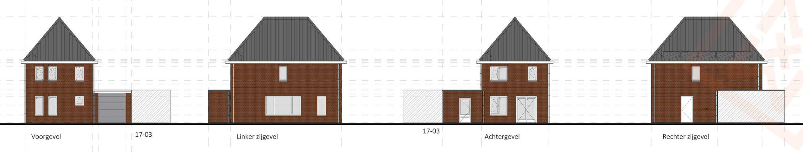 Architectonische weergave van vier vergelijkbare huizen van bruine baksteen met grijze daken. Elk huis heeft een uniek zijaanzicht: voor-, linker-, achter- en rechtergevel, dienovereenkomstig gelabeld in het Nederlands. Het ontwerp omvat aangebouwde garages en hekken.