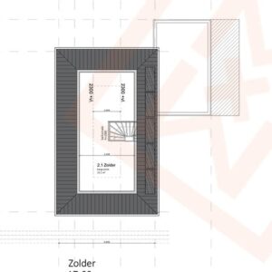 Architectonische blauwdruk van een zolderruimte op het dak, met een wenteltrap die leidt naar een oppervlakte van 25,1 m² (2,1 Zolder). De afmetingen zijn aangegeven, met een VL-waarde van 2900+. Dakkapellen zijn zichtbaar op het schuine dak.