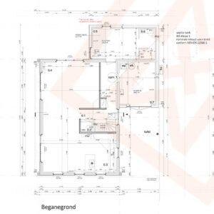 Gedetailleerde architectonische blauwdruk van de begane grond van een huis, met de kamers met de nummers 0,1, 0,2, 0,3, 0,4, 0,5, 0,6 en 0,7, een trap en een septictank. Afmetingen en kameraanduidingen zijn duidelijk aangegeven. De plattegrond bevat een legenda voor verschillende symbolen, zoals mv (waarschijnlijk meter). Onderaan is "Beganegrond" zichtbaar, wat de begane grond aangeeft.