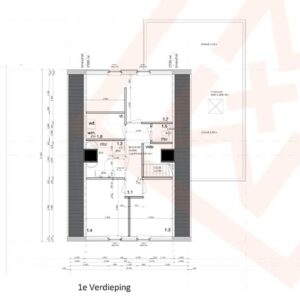 Plattegrond van een 1e Verdieping, met een indeling met slaapkamers (b.d., v.t.), badkamers (m.v.) en een trap (vide). Afmetingen per kamer zijn aangegeven.