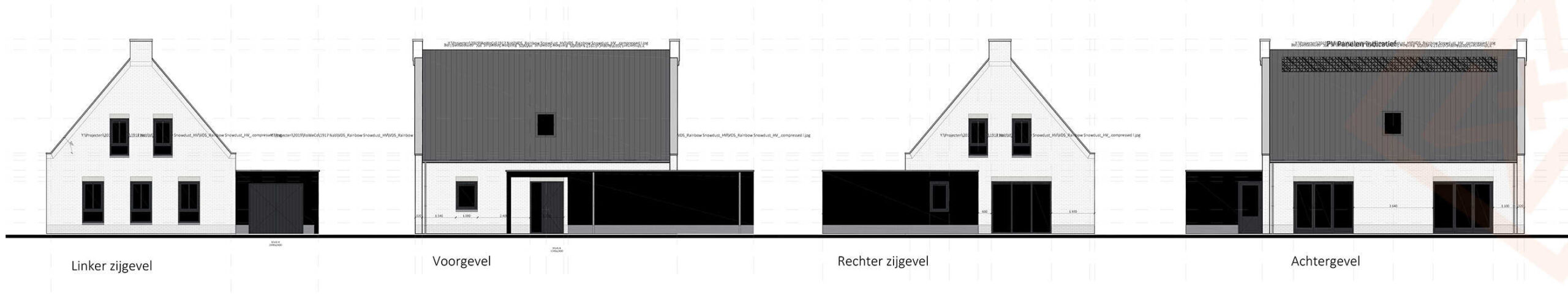 Architectonische tekeningen tonen vier gevels van een modern huisontwerp: links, voor, rechts en achter. Het huis heeft een zadeldak, een witte bakstenen gevel en grote ramen. Op sommige aanzichten is een donkere uitbouw zichtbaar. De afmetingen staan op de plattegronden.