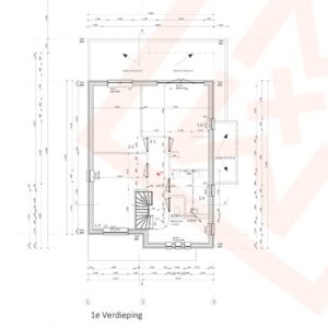Gedetailleerde plattegrond van een appartement op de eerste verdieping, met een trap, badkamer, twee slaapkamers (2,5 m² en 2,1 m²) en een grote woonkamer (1,6 m²). Afmetingen zijn inbegrepen. "1e Verdieping" staat hieronder aangegeven.