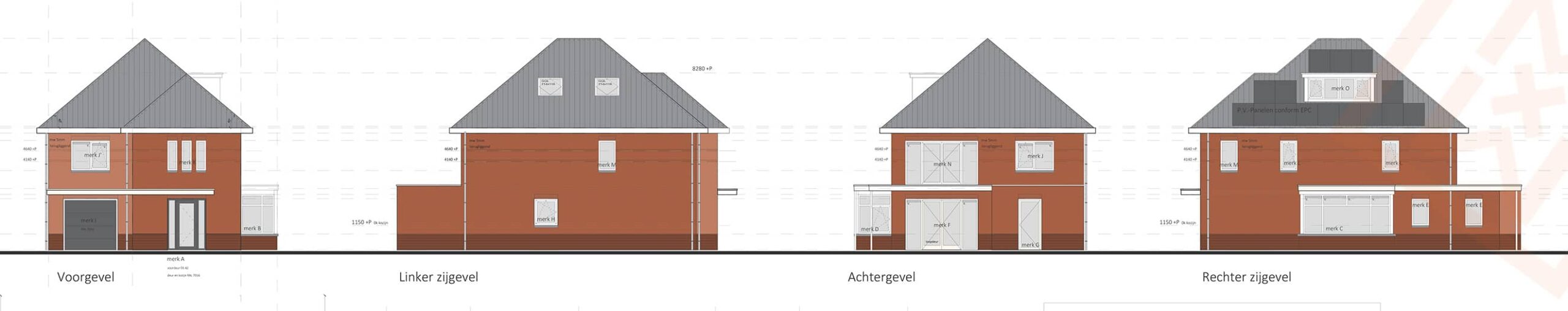 Architectonische tekeningen met vier gevels van een modern bakstenen huis, inclusief voor-, linker-, achter- en rechteraanzichten. De tekeningen tonen daklijnen, raamplaatsing en exterieurkenmerken. Afmetingen staan vermeld in de afbeelding.