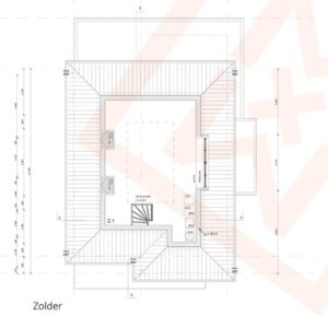 Architectonische blauwdruk van een zolder met schuin dak, aangeduid met "Zolder", met een wenteltrap, verschillende kamers en gedetailleerde daklijnmetingen. De plattegrond bevat verschillende kameraanduidingen en afmetingen.