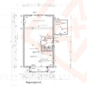 Gedetailleerde architectonische blauwdruk van een begane grondwoning ("Beganegrond"), met een trap, meerdere kamers en precieze afmetingen. De plattegrond bevat labels die verschillende ruimtes aangeven, zoals een badkamer en berging.