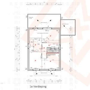 Gedetailleerde plattegrond van een appartement op de eerste verdieping, met een badkamer, twee slaapkamers, een trap en een open woonkamer. Afmetingen en kameraanduidingen zijn duidelijk aangegeven. De plattegrond toont een moderne, efficiënte indeling. Onderaan staat "1e Verdieping".