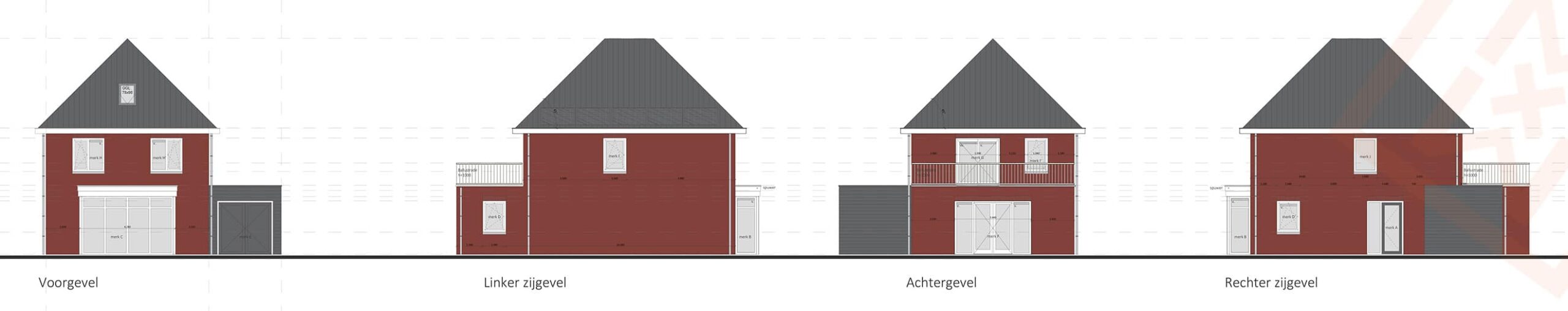 Architectonische tekeningen tonen vier gevels van een modern, rood bakstenen huis met grijze daken. De voor-, linker-, achter- en rechtergevels zijn afgebeeld, met details zoals ramen, deuren en een balkon. De tekeningen geven een duidelijk beeld van het ontwerp van het huis.