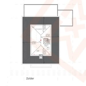Bovenaanzicht van de plattegrond van een schuin aflopende zolder ("Zolder"), met een wenteltrap, dakkapellen en verschillende afmetingen (2600, 2.1). Het donkergrijze dak is duidelijk zichtbaar tegen de lichtere achtergrond.