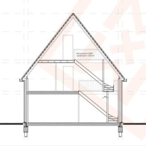 Doorsnede van een architectonische tekening van een huis met twee verdiepingen en een zadeldak, met een interieurtrapontwerp, inclusief een balustradehoogte van 1000 mm en een tredeafstand van 150 mm. De gedetailleerde plattegrond benadrukt de structurele elementen en ruimtelijke relaties.
