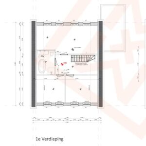Plattegrond van een appartement op de eerste verdieping met twee slaapkamers, een badkamer met ligbad en een trap naar de tweede verdieping. De plattegrond bevat afmetingen en kameraanduidingen, wat duidt op een modern woningontwerp. "1e Verdieping" staat duidelijk aangegeven op de plattegrond.
