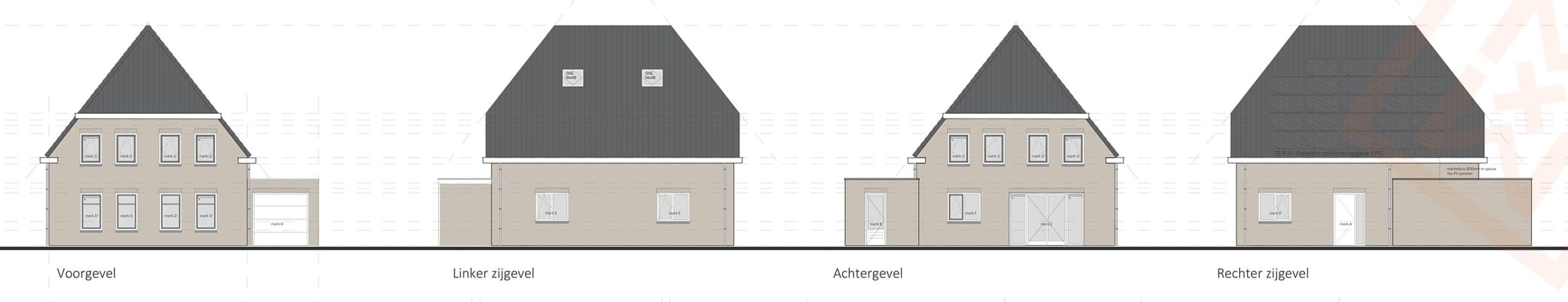 Architectonische tekeningen van vier gevels van een modern huisontwerp: voorgevel, linkerzijgevel, achtergevel en rechterzijgevel. Het beige huis heeft een donkergrijs zadeldak en meerdere ramen. Aan de voor- en zijgevel is een garage zichtbaar.