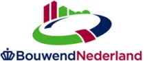 Logo Bouwend Nederland: circulair ontwerp met gebouwen en wegen, symbool voor de bouw en infrastructuur in Nederland. door Van Weenen Bouwbedrijf